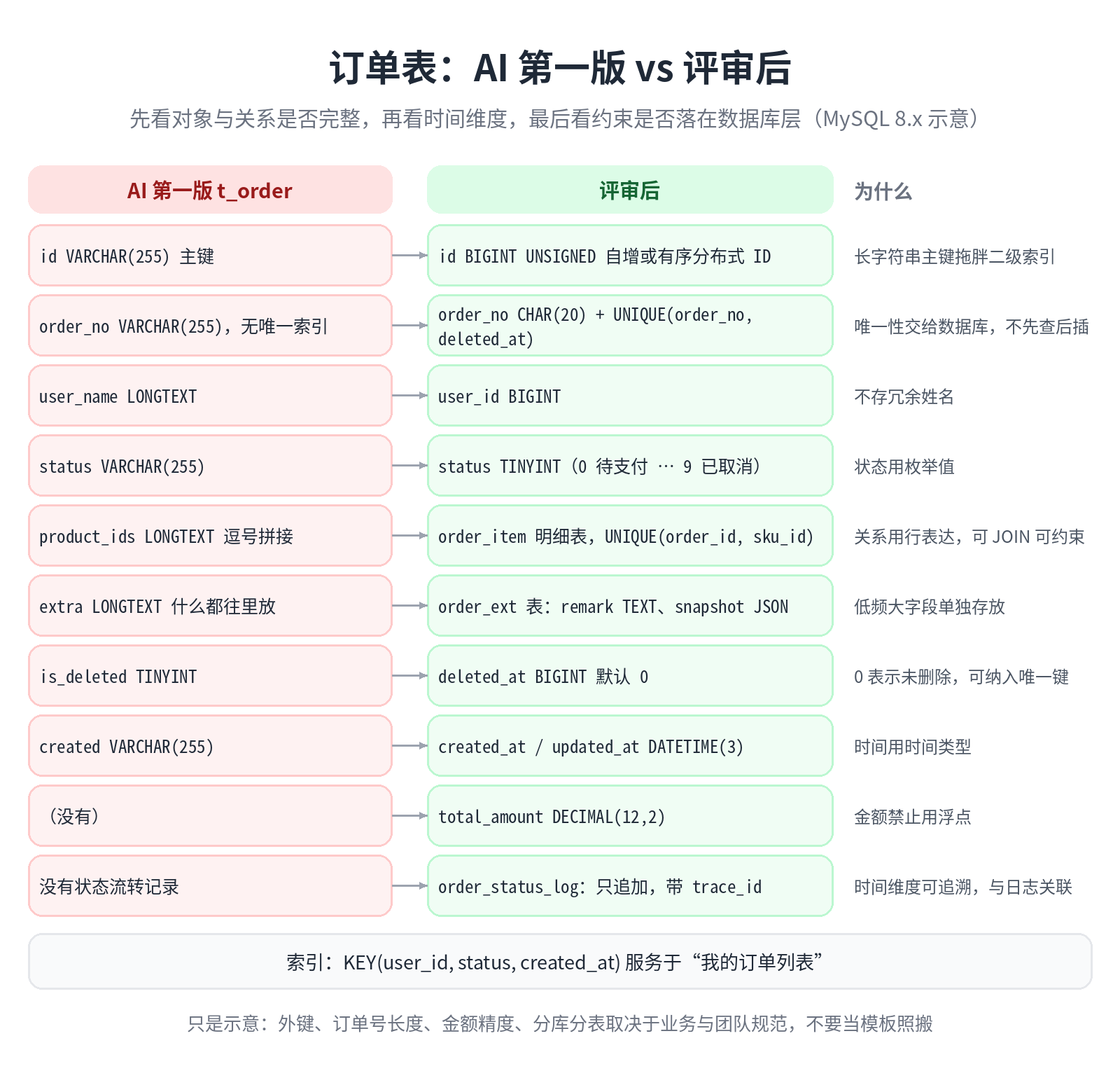 订单表：AI 第一版与评审后的逐项对照
