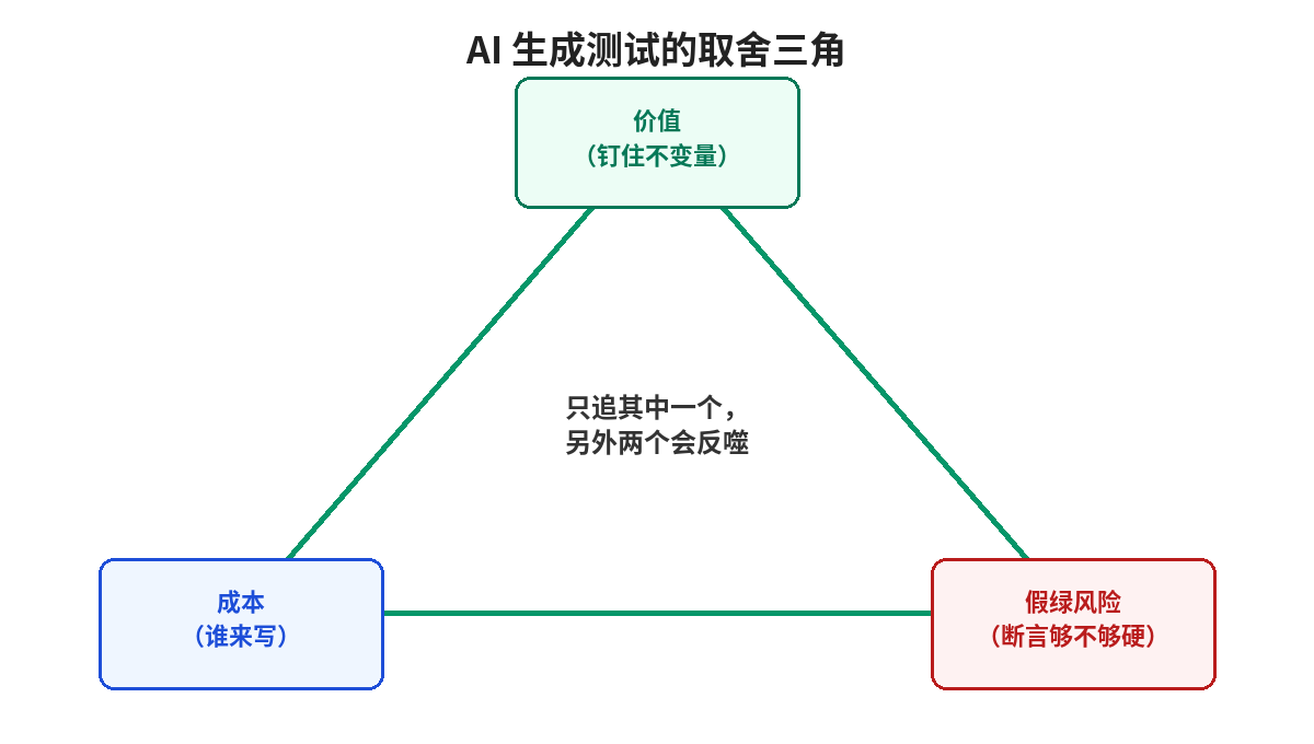 AI 生成测试的取舍三角：价值、成本、假绿风险