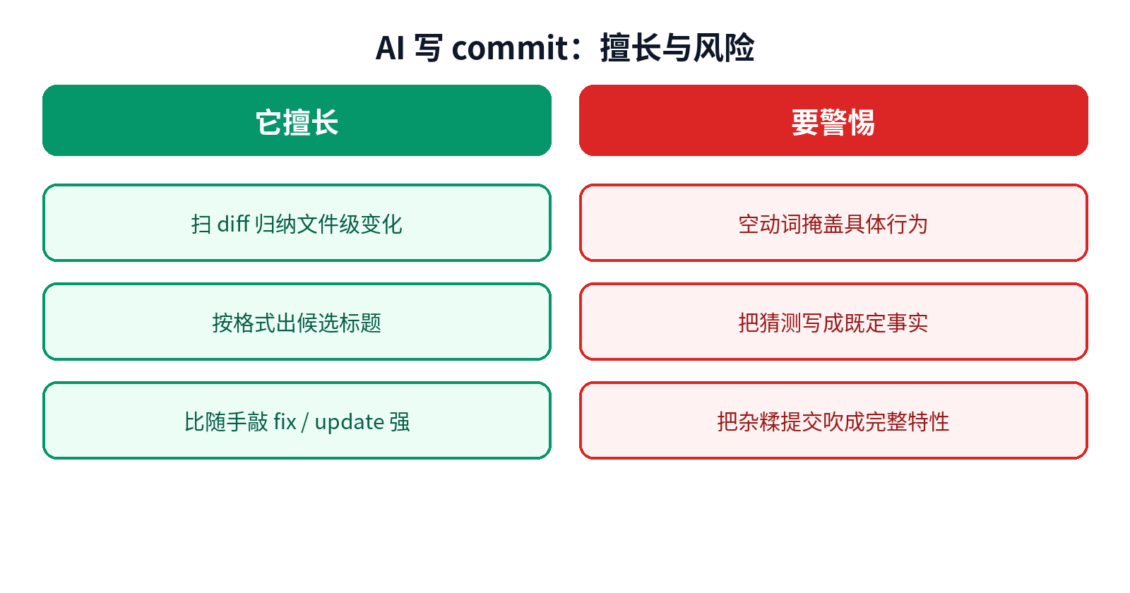 AI 写 commit:擅长归纳与常见风险对照