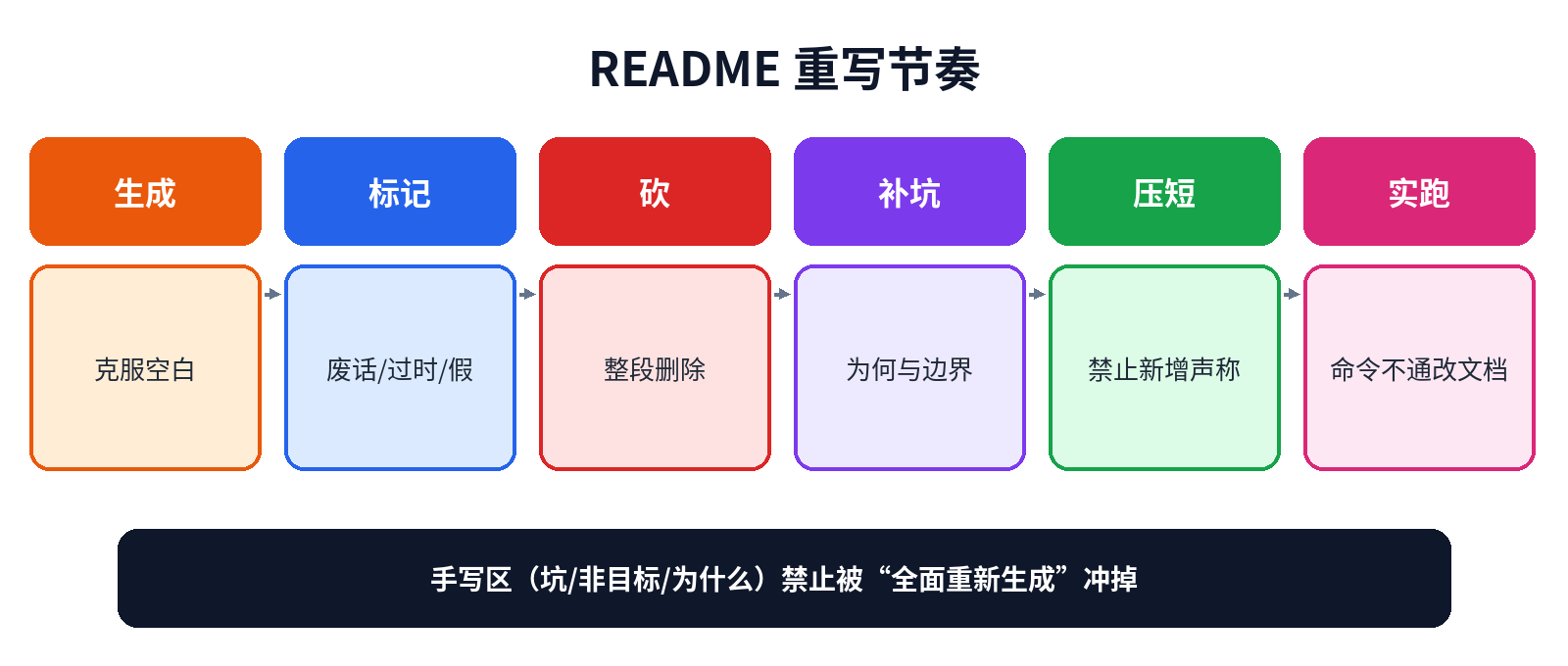 README 重写节奏：生成→标记→砍→补坑→压短→实跑